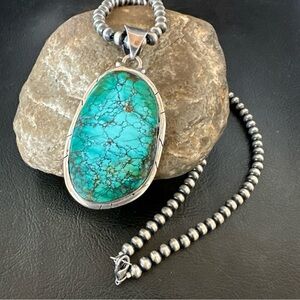 Spiderweb Turquoise and Sterling Silver Pendant Necklace 20” 19494